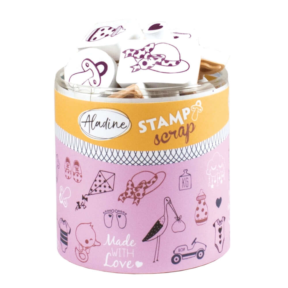 Bunte und kreative STAMPO Scrap Stempel von easy-sticks in einer transparenten Dose, ideal zum Basteln von Geburtstagskarten und Scrapbooking.