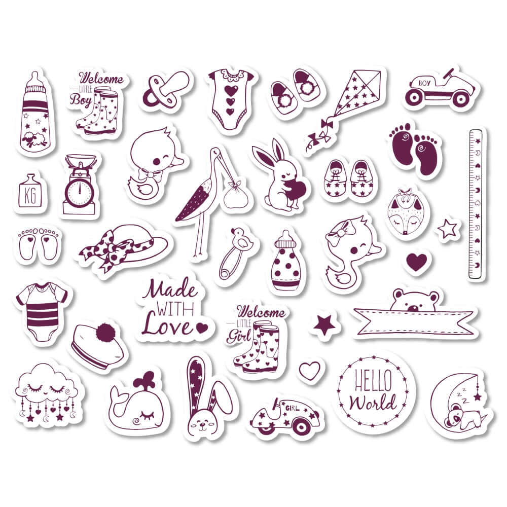 Vielfältige STAMPO Scrap Motive von easy-sticks, die Stempel, Babykleidung und niedliche Tiere zeigen, perfekt für kreative Bastelprojekte.