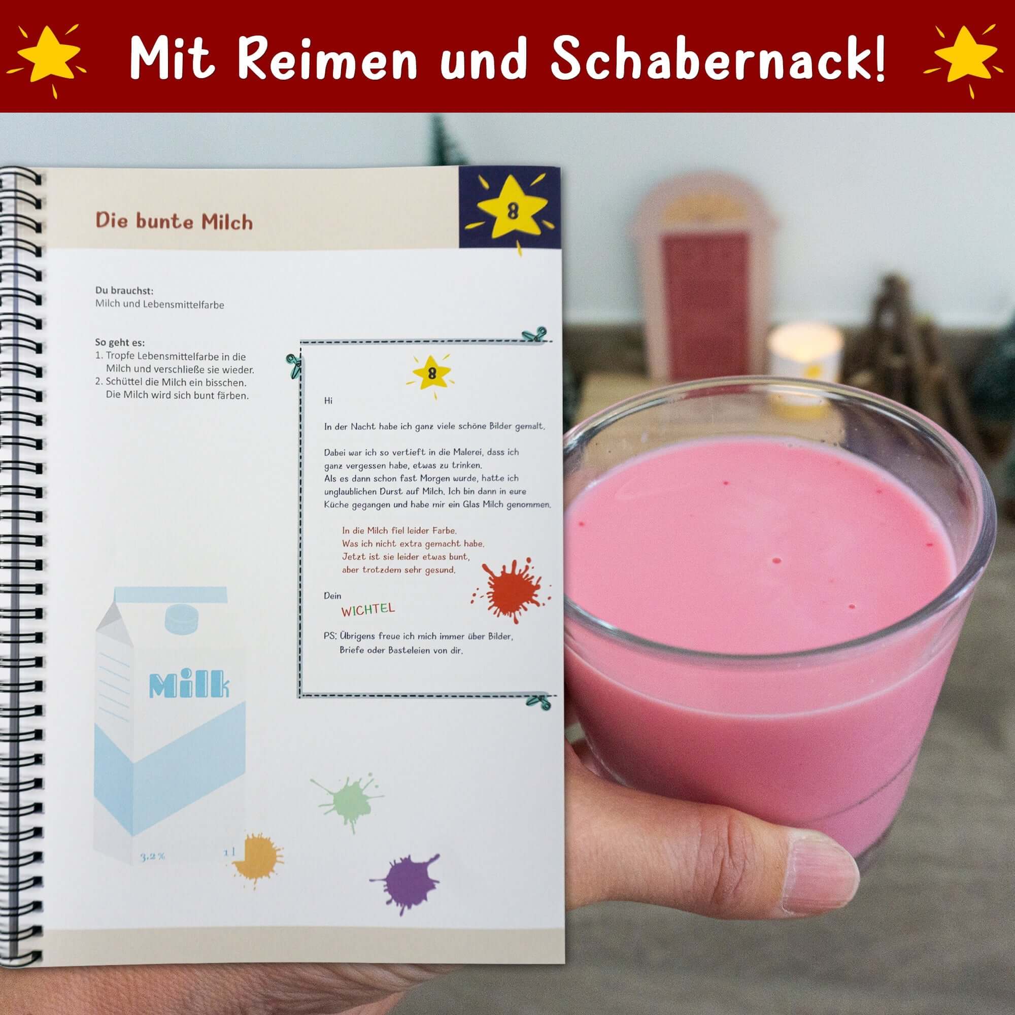 Lebendige Darstellung des Easy-Sticks Wichtelsets mit der farbenfrohen Anleitung zur Zubereitung bunter Milch. Enthält kreative Ideen und Bastelanleitungen, ideal für die Weihnachtszeit, von easy-sticks.