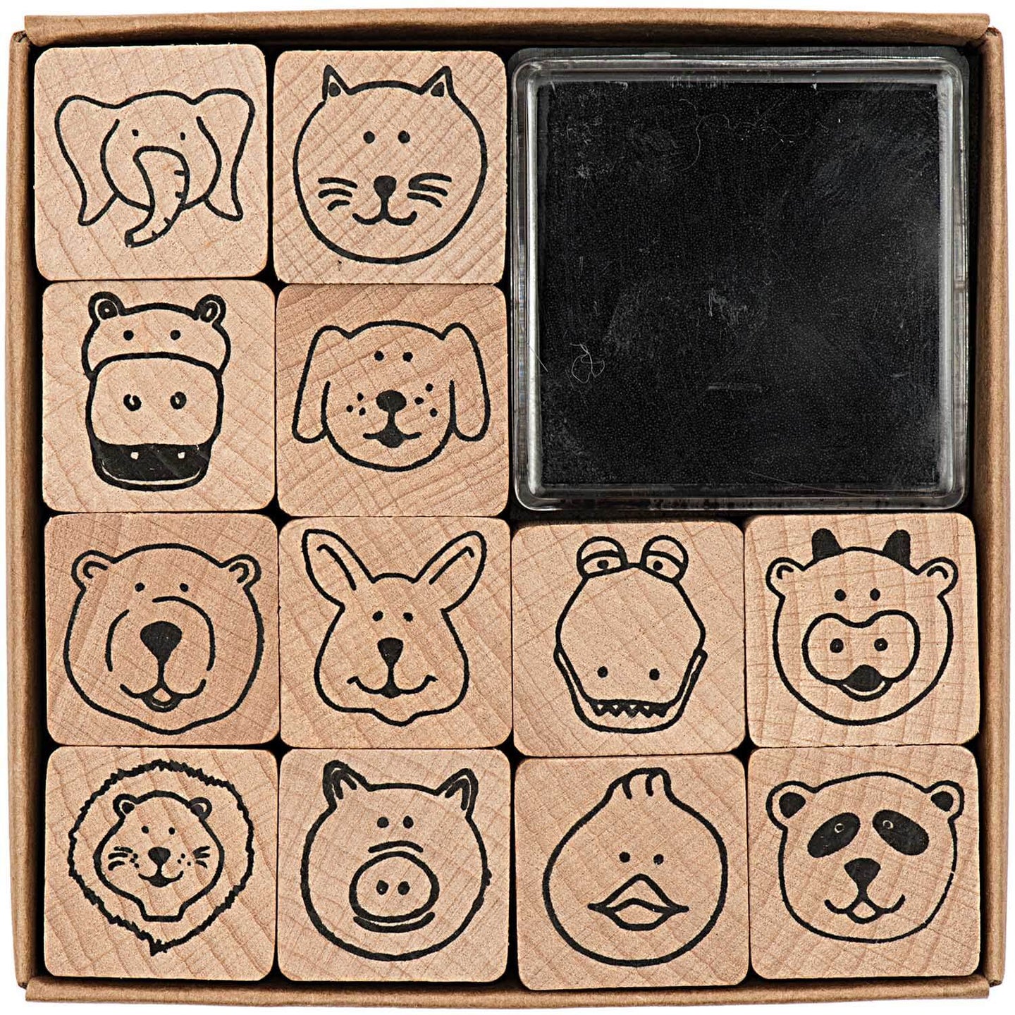 Stempelset 12 Tiergesichter von easy-sticks, bestehend aus 12 liebevoll gestalteten Tiermotiven wie Elefant, Katze und Panda, plus ein schwarzes Stempelkissen, ideal für kreative Bastelprojekte.