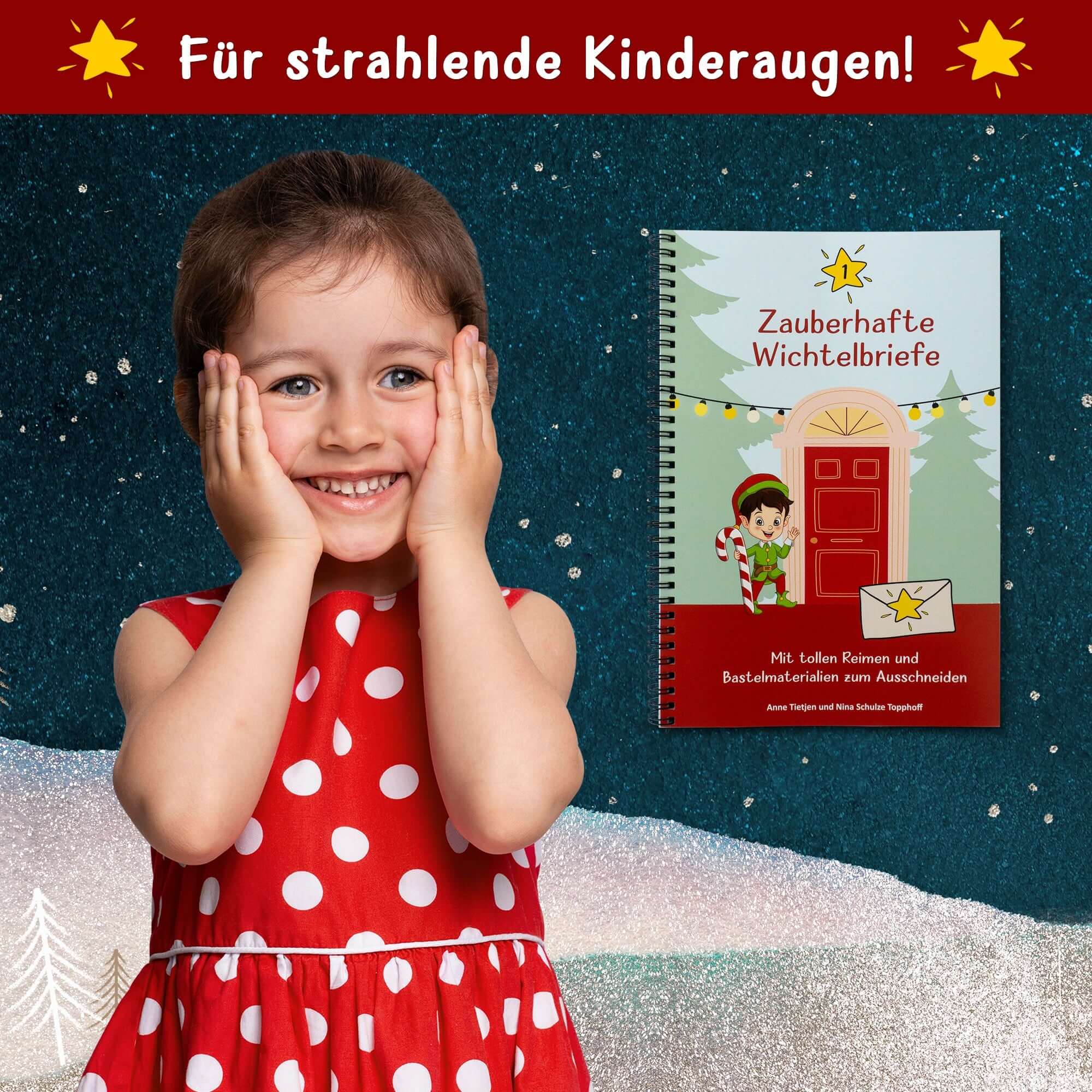 Ein begeistertes Kind mit Wichtelbriefen aus dem Easy-Sticks Set von easy-sticks, strahlt vor Freude und zeigt die Magie von Weihnachten.