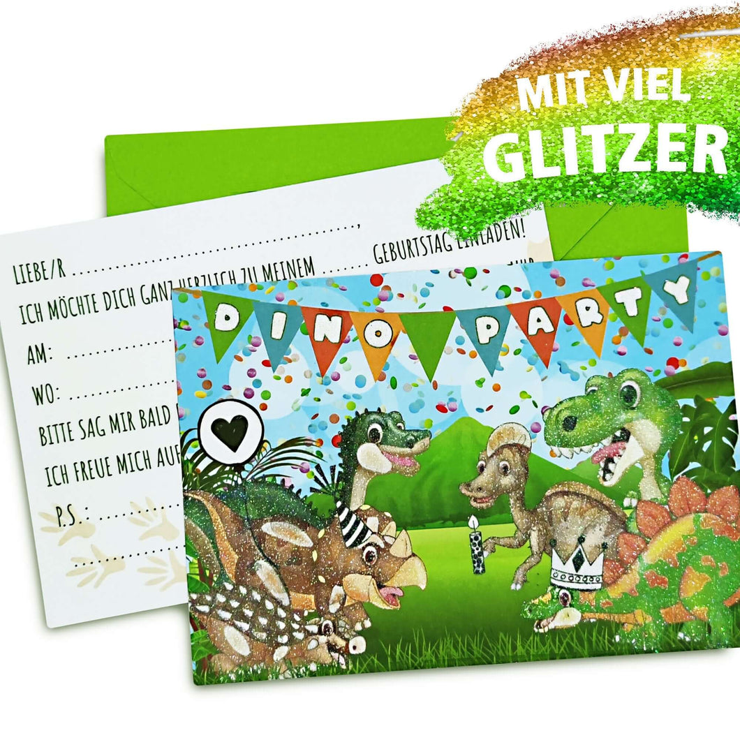 12 Dinosaurier Einladungskarten zum Kindergeburtstag inkl. grünen Briefumschlägen (grün)
