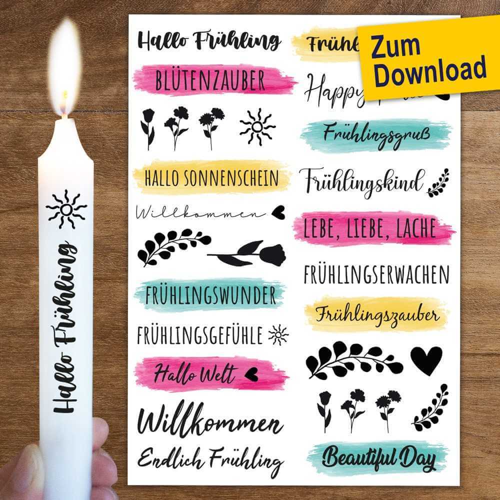 Schöne Kerzensticker von easy-sticks mit frühlingshaften Motiven, ideal zur Gestaltung von Kerzen für die Frühlingsdekoration – PDF Download mit 10 Motiven.