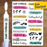Schöne Kerzensticker von easy-sticks mit frühlingshaften Motiven, ideal zur Gestaltung von Kerzen für die Frühlingsdekoration – PDF Download mit 10 Motiven.