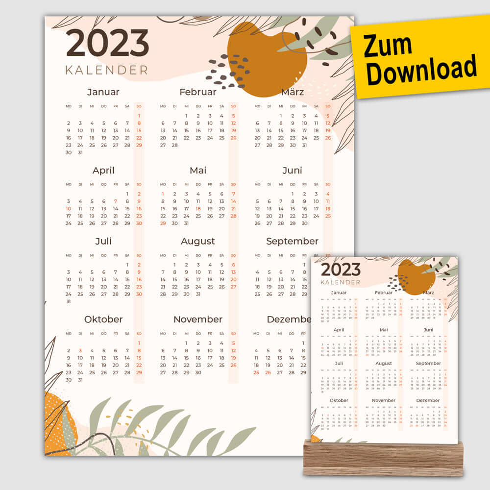 Kalender 2023 als PDF zum Downloaden (Farbe: abstrakt, beige)
