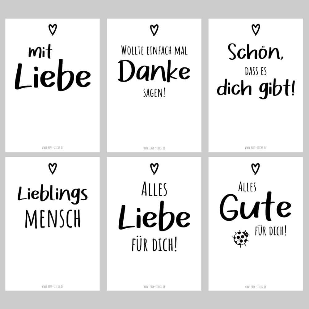6er Set Herzensmensch, Danke, Mit Liebe  / Sechs Postkarten für Easy-Sticks Kartenhalter