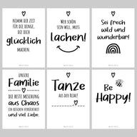 Fantasievolles 6er Postkarten Set Geschenkidee 'Happy' von easy-sticks mit modernen Sprüchen, ideal für jeden Anlass. Karten mit inspirierenden Texten und passenden Illustrationen.