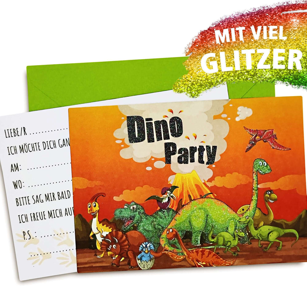 12 Dinosaurier Einladungskarten zum Kindergeburtstag inkl. grünen Briefumschlägen (orange)