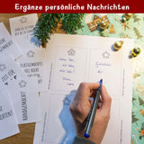 Handschreibende Person ergänzt persönliche Nachrichten auf druckbaren Sprüchen für Geschenke und Adventskalender von easy-sticks – 48 lustige Sprüche Geschenke zum Ausdrucken.