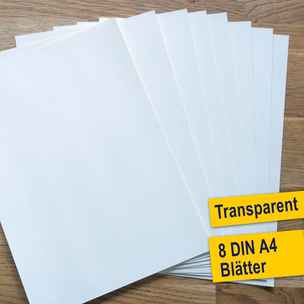 8 transparente DIN A4 Blätter von easy-sticks, ideal für kreative Bastelprojekte wie Dekorationen und personalisierte Designs.