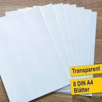 8 transparente DIN A4 Blätter von easy-sticks, ideal für kreative Bastelprojekte wie Dekorationen und personalisierte Designs.