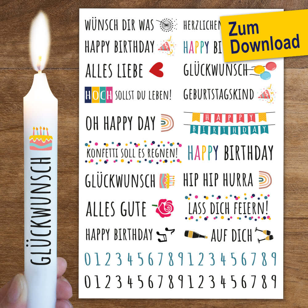 Kreative Kerzenstickervorlage von easy-sticks für Geburtstagsmotive, ideal für individuelle Stabkerzen im PDF-Format. Enthält Sprüche und bunte Designs für personalisierte Feiern.
