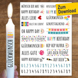 Kreative Kerzenstickervorlage von easy-sticks für Geburtstagsmotive, ideal für individuelle Stabkerzen im PDF-Format. Enthält Sprüche und bunte Designs für personalisierte Feiern.