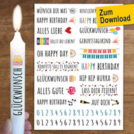 Kreative Kerzenstickervorlage von easy-sticks für Geburtstagsmotive, ideal für individuelle Stabkerzen im PDF-Format. Enthält Sprüche und bunte Designs für personalisierte Feiern.