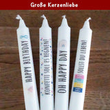 Kreative Stabkerzen mit Geburtstagsmotiven, darunter 'Happy Birthday' und 'Oh Happy Day', von easy-sticks für eine besondere Feier.