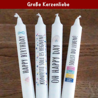 Kreative Stabkerzen mit Geburtstagsmotiven, darunter 'Happy Birthday' und 'Oh Happy Day', von easy-sticks für eine besondere Feier.