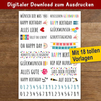 Vielseitige Kerzenstickervorlage von easy-sticks mit 18 Designs für Geburtstagsfeierlichkeiten. PDF-Download für individuelle Stickermotive zur Personalisierung von Kerzen.