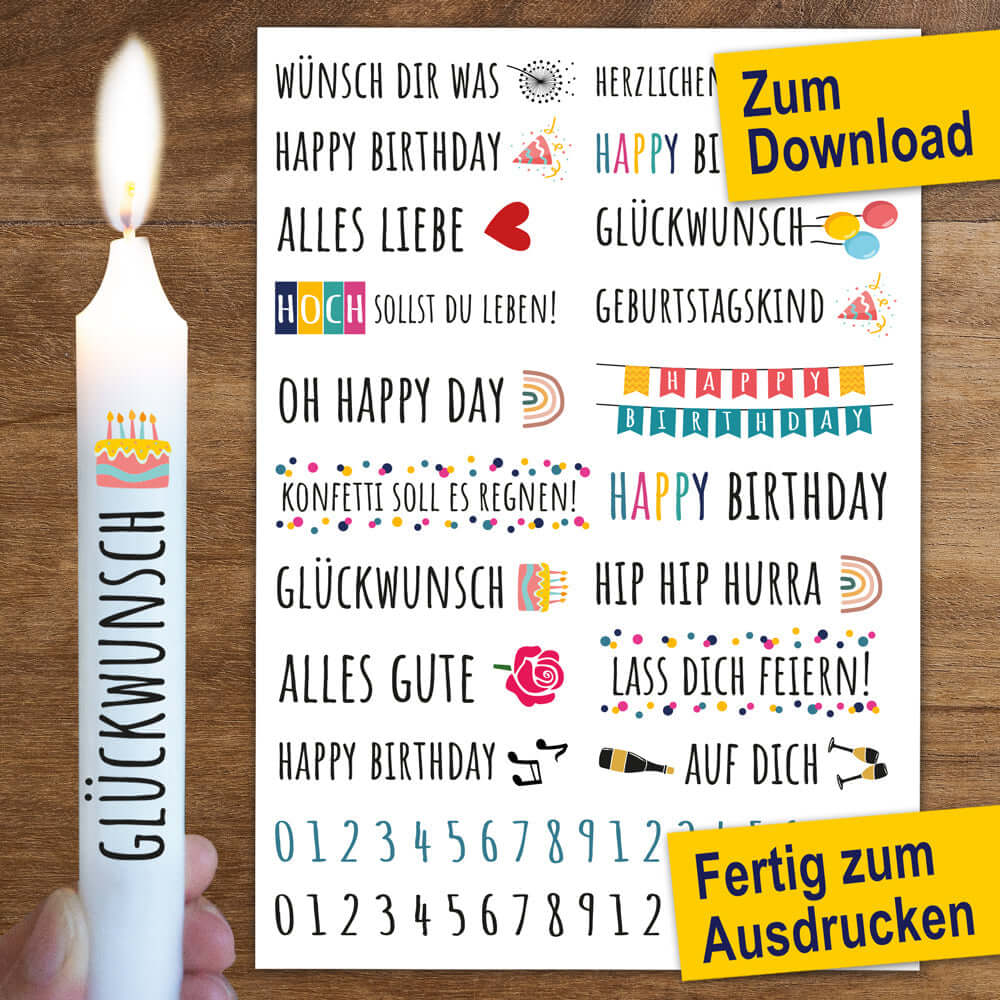 Einzigartige Kerzenstickervorlage von easy-sticks, perfekt für Geburtstagskerzen mit farbenfrohen Motiven und Sprüchen. Digitaler Download im PDF-Format für kreative Feierlichkeiten.