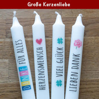 Stabkerzen mit ästhetischen Kerzenstickern von easy-sticks, featuring Dankeschön und Glücksmotive, ideal für feierliche Anlässe.