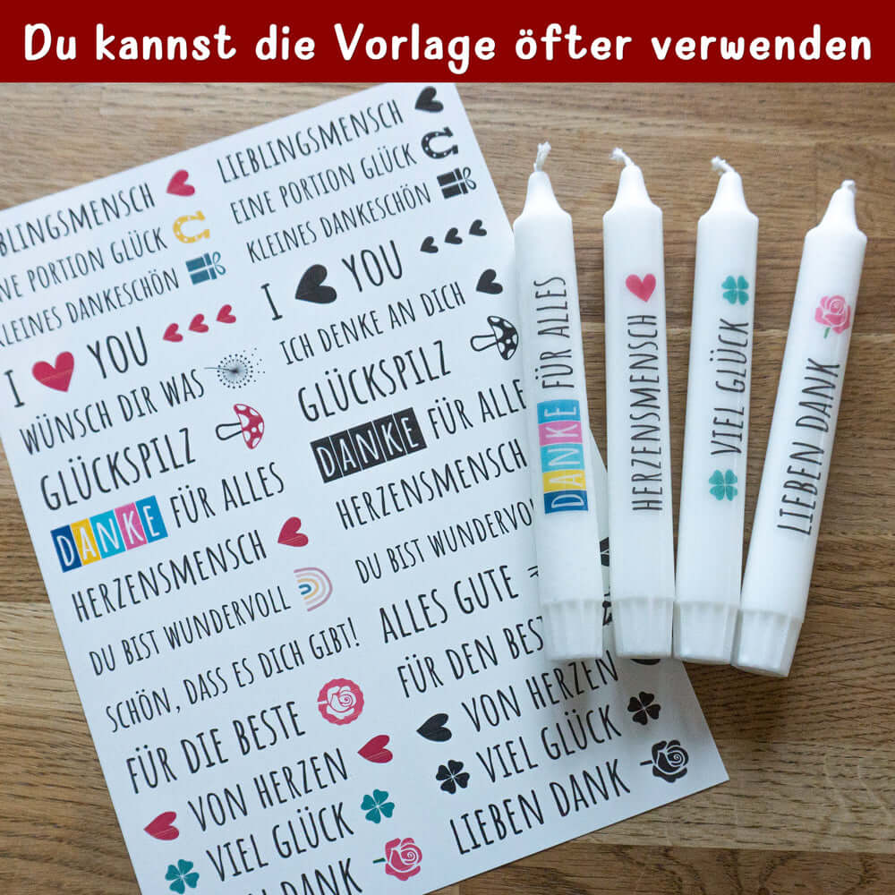 DIY Gestaltung von Kerzen mit Aufklebern von easy-sticks – Wiederverwendbare Vorlagen für individuelle Kerzen mit liebevollen Botschaften.