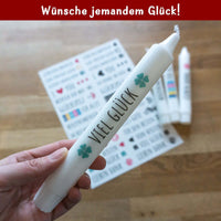 Helle Stabkerze mit dem Schriftzug 'Viel Glück' von easy-sticks – Perfekt, um Glück zu wünschen und besondere Anlässe zu feiern.