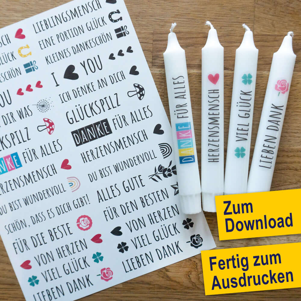 Fertige Stabkerzen mit Dankeschön-Designs von easy-sticks, bereit zum Ausdrucken. Perfekte individuelle Geschenke für besondere Anlässe.