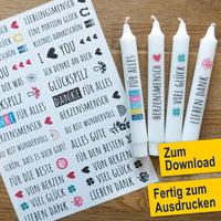 Fertige Stabkerzen mit Dankeschön-Designs von easy-sticks, bereit zum Ausdrucken. Perfekte individuelle Geschenke für besondere Anlässe.