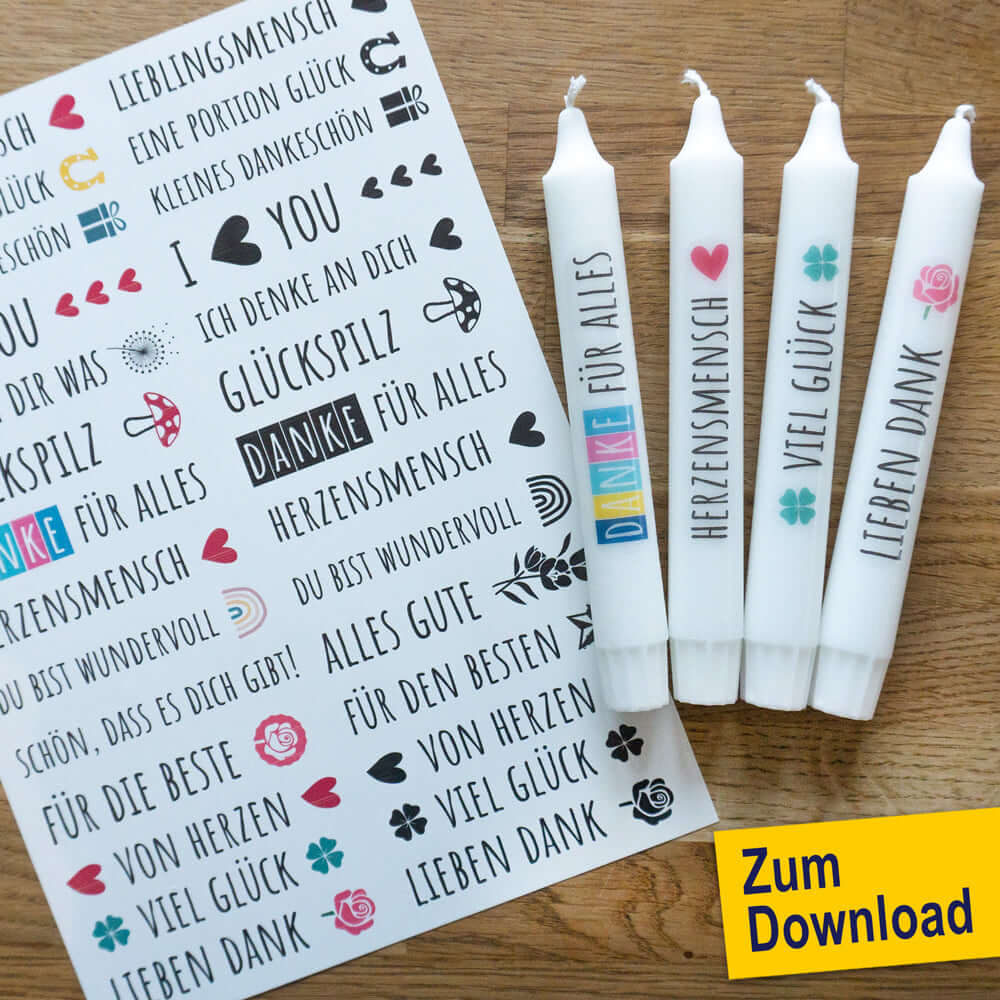Stabkerzen mit bunten Dankeschön- und Glücksmotiven von easy-sticks, ideal für festliche Anlässe. Kreative Kerzenstickervorlage zum Download.