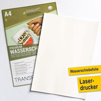 Wasserschiebefolie Selbst Gestalten von easy-sticks, Präsentation der Folie und Anleitung für kreative Bastelprojekte in DIN A4, geeignet für Laserdrucker.