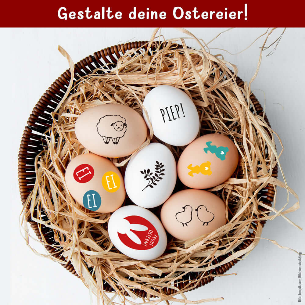 Gestaltete Ostereier in einem Korb, verziert mit kreativen Designs von easy-sticks. Perfekt für dein Osterfest - PDF Vorlagen zum Download.
