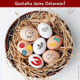 Gestaltete Ostereier in einem Korb, verziert mit kreativen Designs von easy-sticks. Perfekt für dein Osterfest - PDF Vorlagen zum Download.