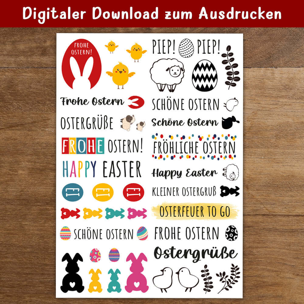 Vielfältige Osteraufkleber von easy-sticks für festliche Anlässe. Kreative Designs im digitalen Download für deine Kerzen und Ostereier.