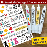 Vorgefertigte Osterkerzenmotive von easy-sticks, geeignet für mehrmaligen Druck. Verwandle deine DIY-Projekte mit unserem PDF für Osterkerzen.