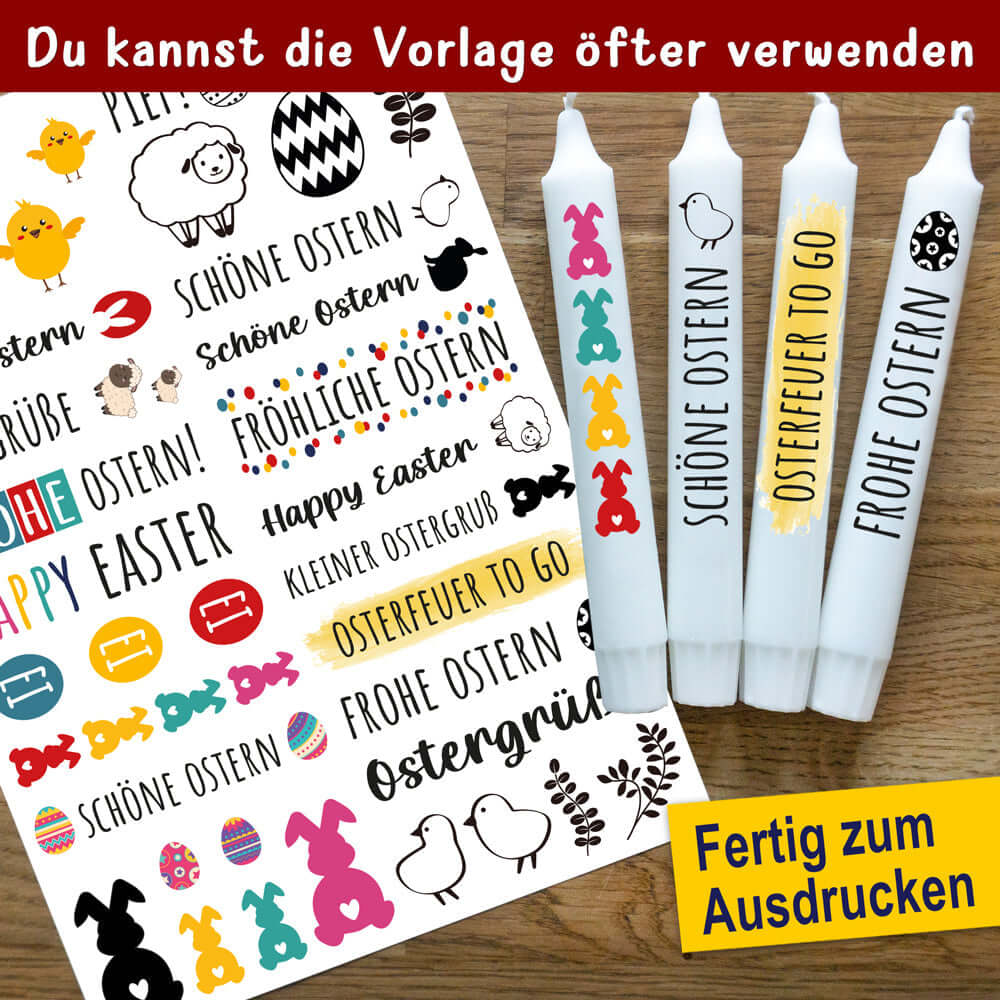 Vorgefertigte Osterkerzenmotive von easy-sticks, geeignet für mehrmaligen Druck. Verwandle deine DIY-Projekte mit unserem PDF für Osterkerzen.