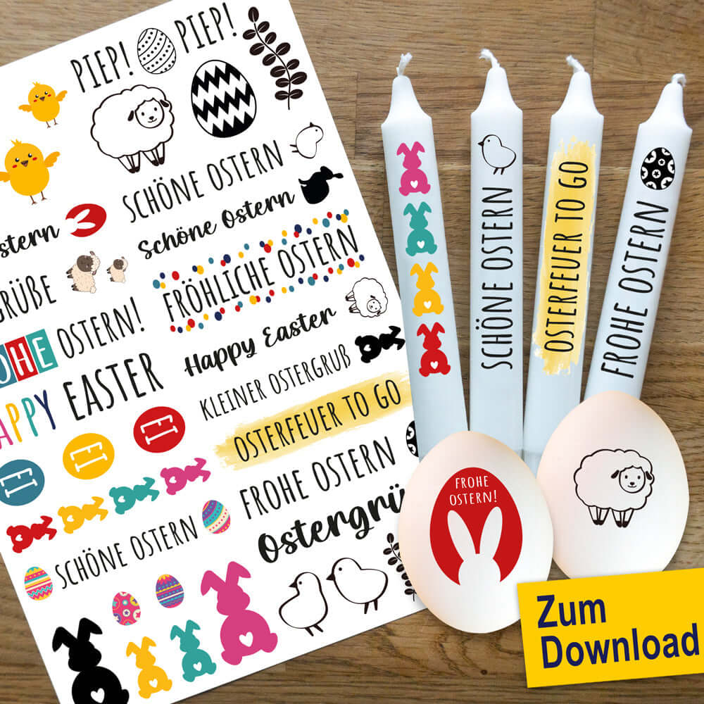 Bunte Kerzenstickermotive von easy-sticks für deine Ostern DIY-Projekte. Ideal für die Gestaltung festlicher Osterkerzen - PDF zum Downloaden.