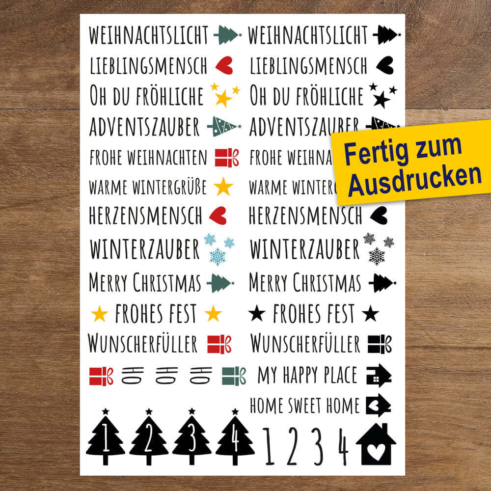 Kerzensticker mit Weihnachtsmotiven für Stabkerzen, Weihnachtskerzen Sticker als PDF zum Downloaden für Wasserschiebefolie