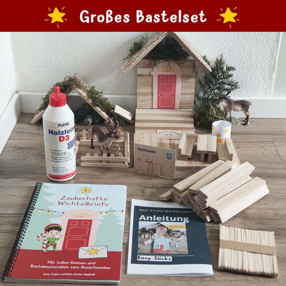 Großes Easy-Sticks DIY Wichtelset mit Bastelmaterialien, Anleitungen und Wichtelbriefen, ideal für kreative Weihnachtsbasteleien von easy-sticks.